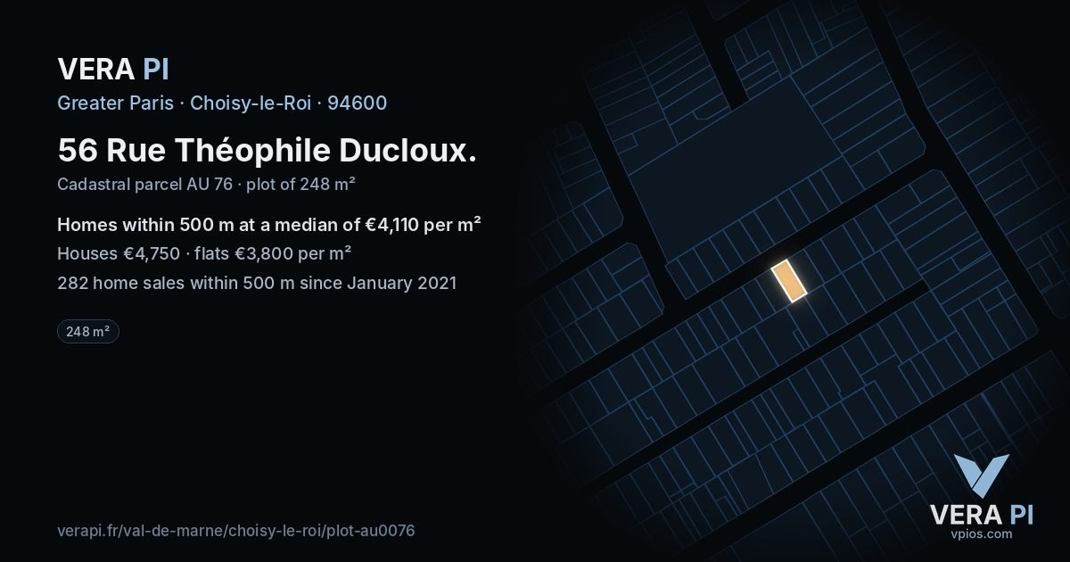 56 Rue Théophile Ducloux, Choisy-le-Roi at night – the plot lit, the parcels around coloured by the prices near them