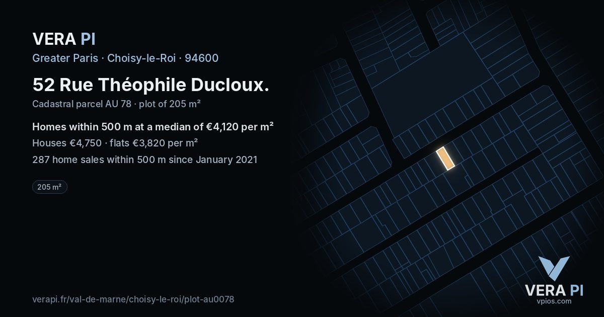 52 Rue Théophile Ducloux, Choisy-le-Roi at night – the plot lit, the parcels around coloured by the prices near them