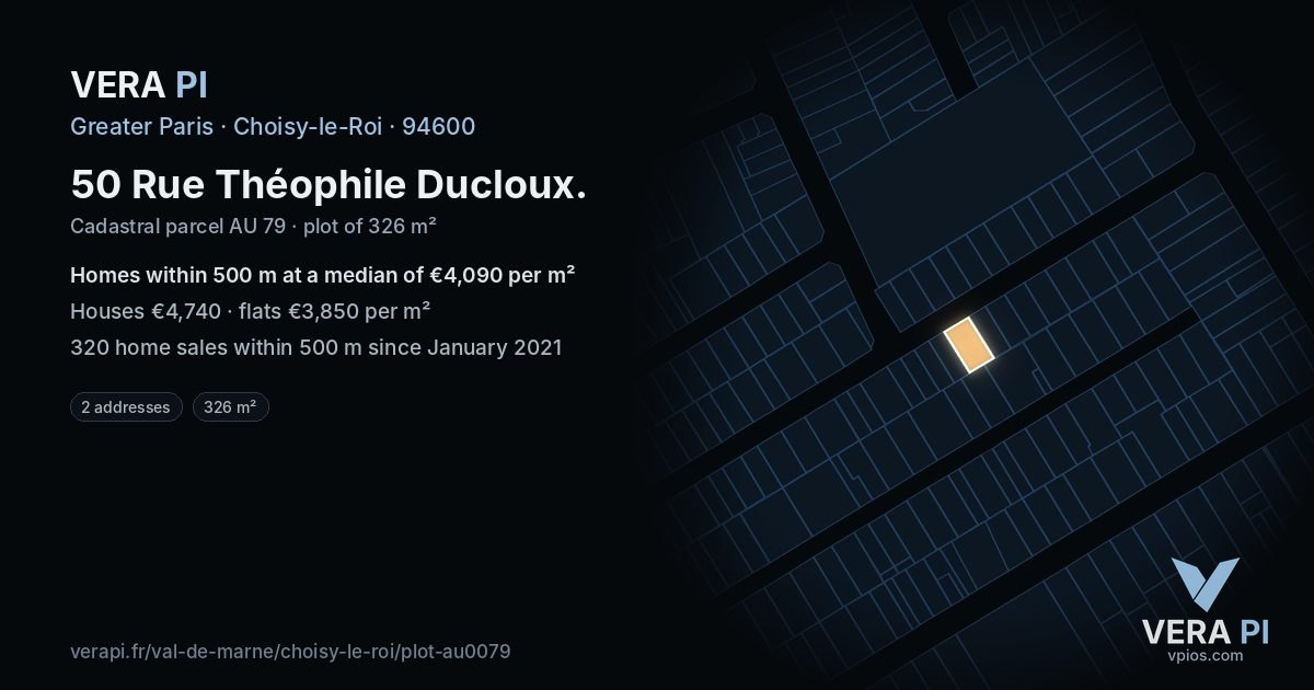 50 Rue Théophile Ducloux, Choisy-le-Roi at night – the plot lit, the parcels around coloured by the prices near them