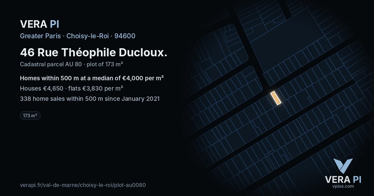 46 Rue Théophile Ducloux, Choisy-le-Roi at night – the plot lit, the parcels around coloured by the prices near them