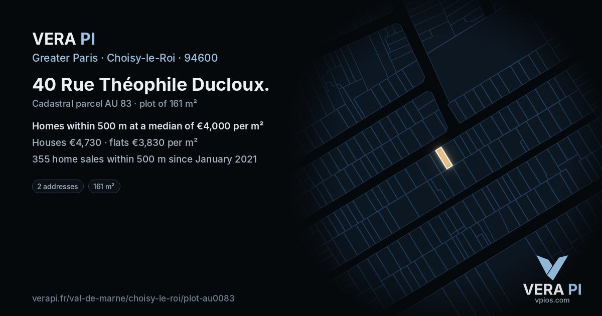 40 Rue Théophile Ducloux, Choisy-le-Roi at night – the plot lit, the parcels around coloured by the prices near them
