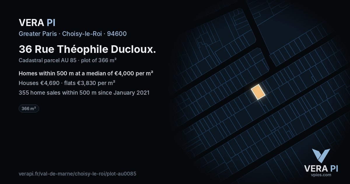 36 Rue Théophile Ducloux, Choisy-le-Roi at night – the plot lit, the parcels around coloured by the prices near them