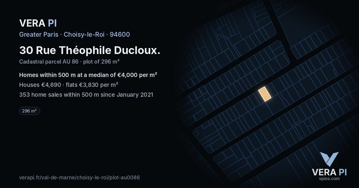 30 Rue Théophile Ducloux, Choisy-le-Roi at night – the plot lit, the parcels around coloured by the prices near them