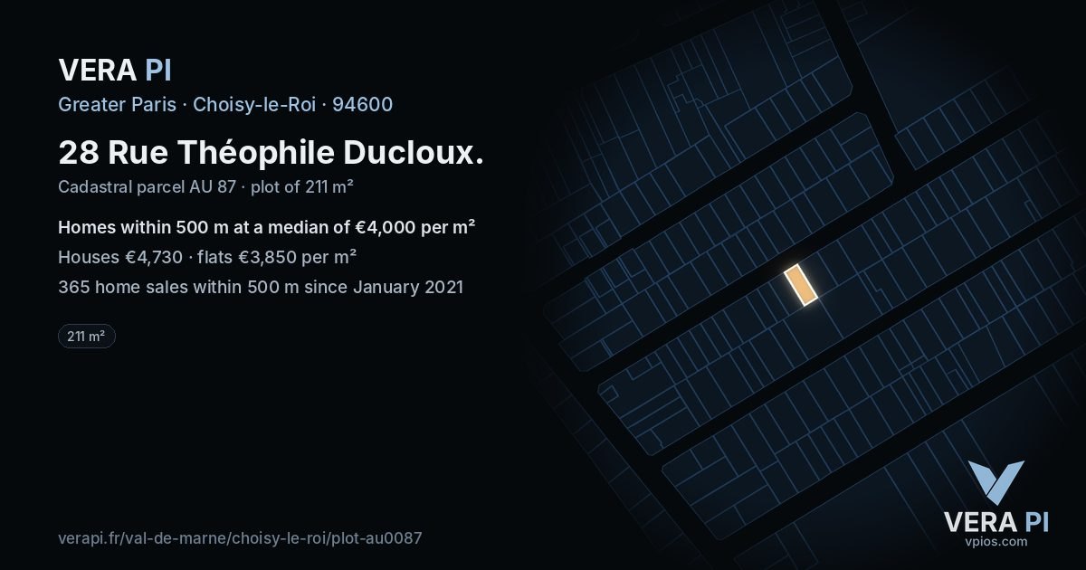 28 Rue Théophile Ducloux, Choisy-le-Roi at night – the plot lit, the parcels around coloured by the prices near them