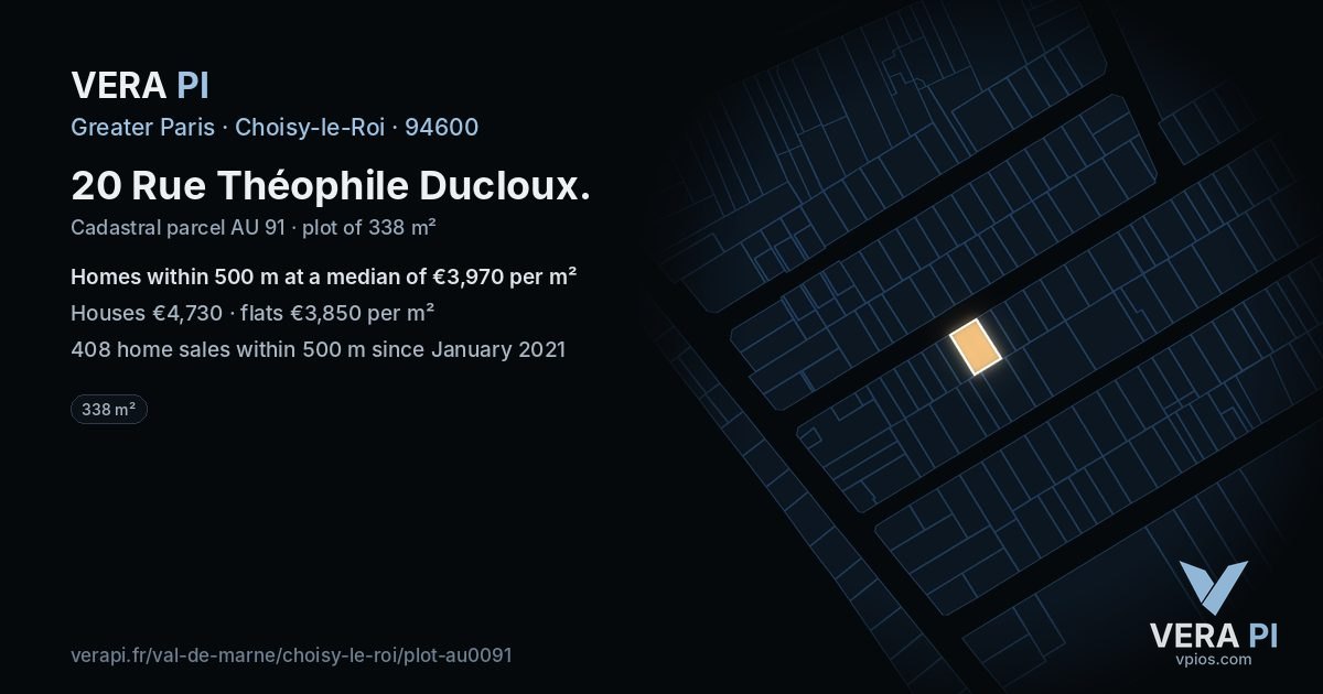 20 Rue Théophile Ducloux, Choisy-le-Roi at night – the plot lit, the parcels around coloured by the prices near them
