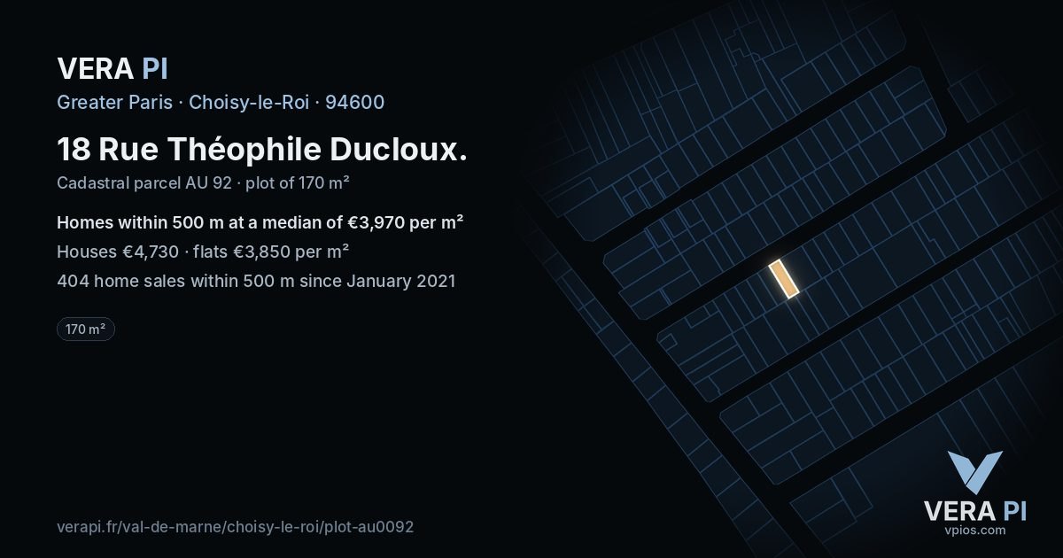 18 Rue Théophile Ducloux, Choisy-le-Roi at night – the plot lit, the parcels around coloured by the prices near them
