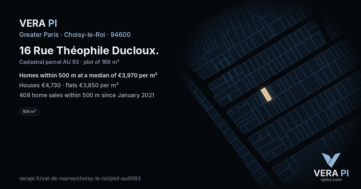 16 Rue Théophile Ducloux, Choisy-le-Roi at night – the plot lit, the parcels around coloured by the prices near them