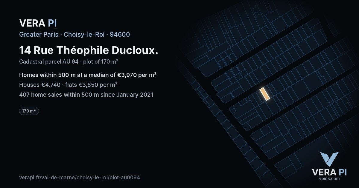 14 Rue Théophile Ducloux, Choisy-le-Roi at night – the plot lit, the parcels around coloured by the prices near them