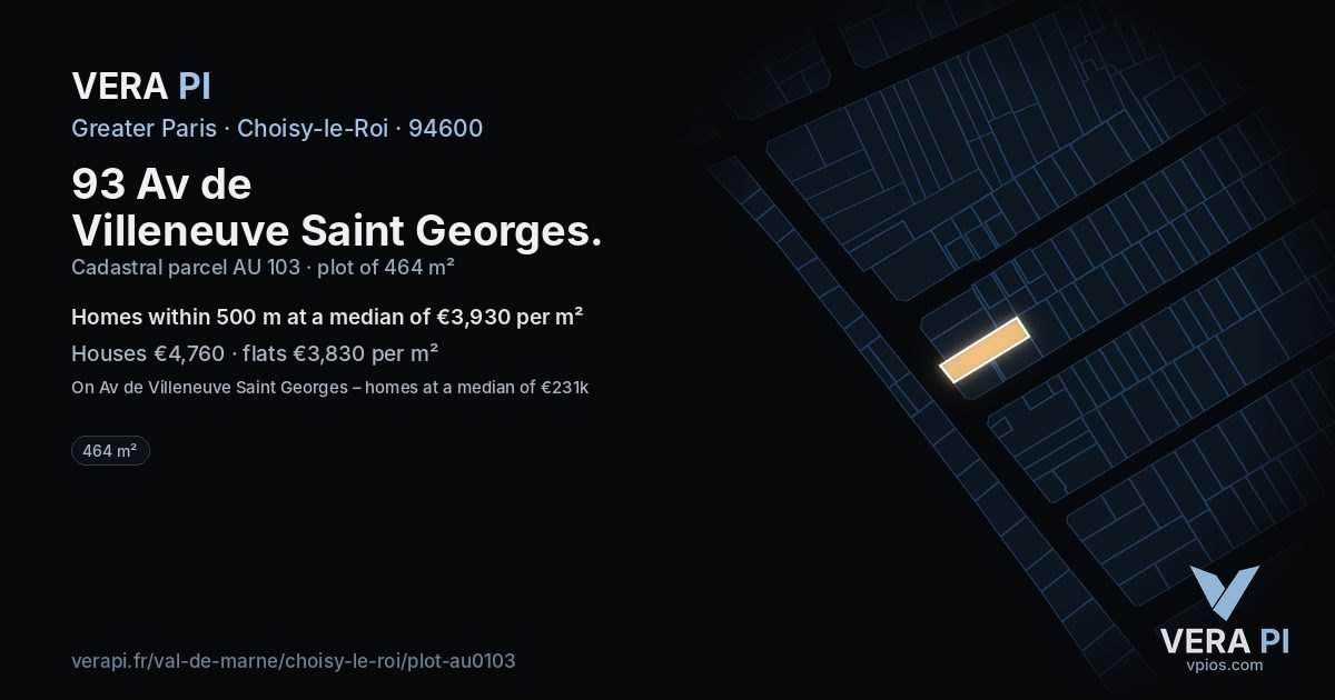 93 Av de Villeneuve Saint Georges, Choisy-le-Roi at night – the plot lit, the parcels around coloured by the prices near them