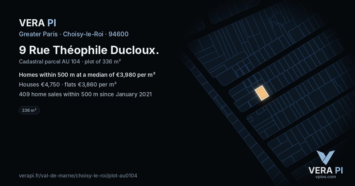 9 Rue Théophile Ducloux, Choisy-le-Roi at night – the plot lit, the parcels around coloured by the prices near them