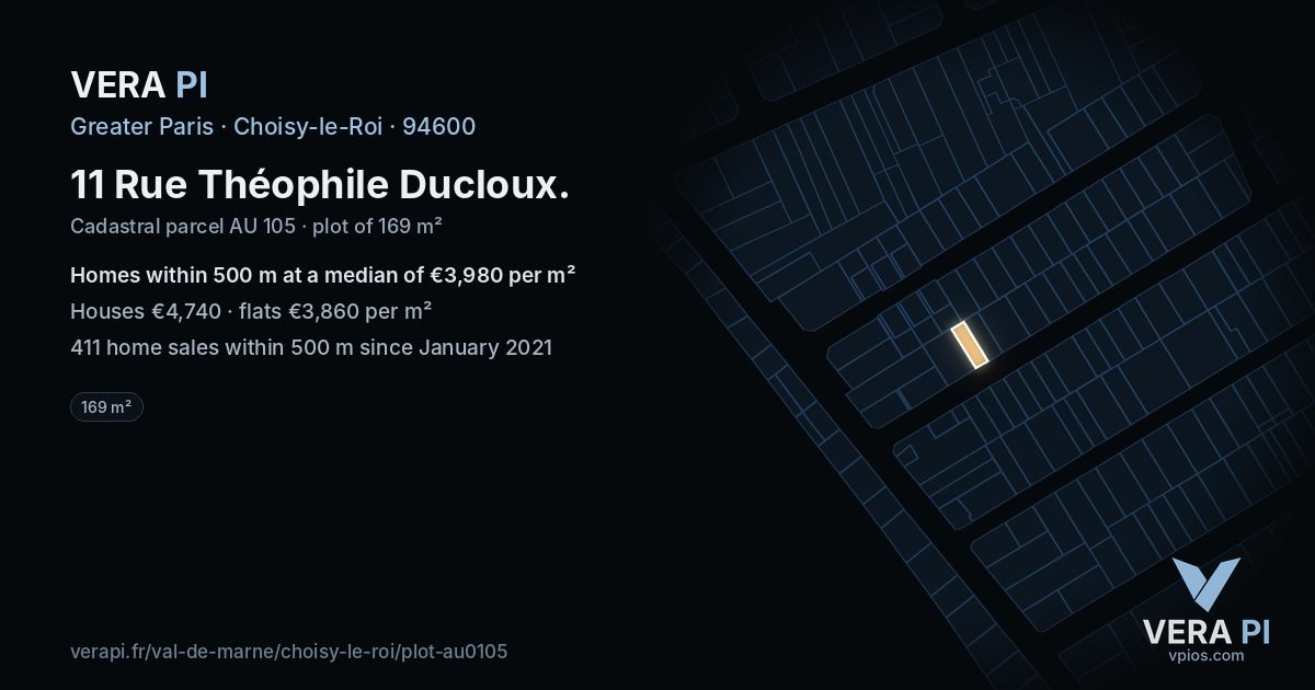 11 Rue Théophile Ducloux, Choisy-le-Roi at night – the plot lit, the parcels around coloured by the prices near them