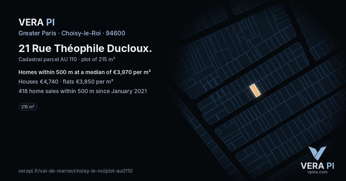 21 Rue Théophile Ducloux, Choisy-le-Roi at night – the plot lit, the parcels around coloured by the prices near them