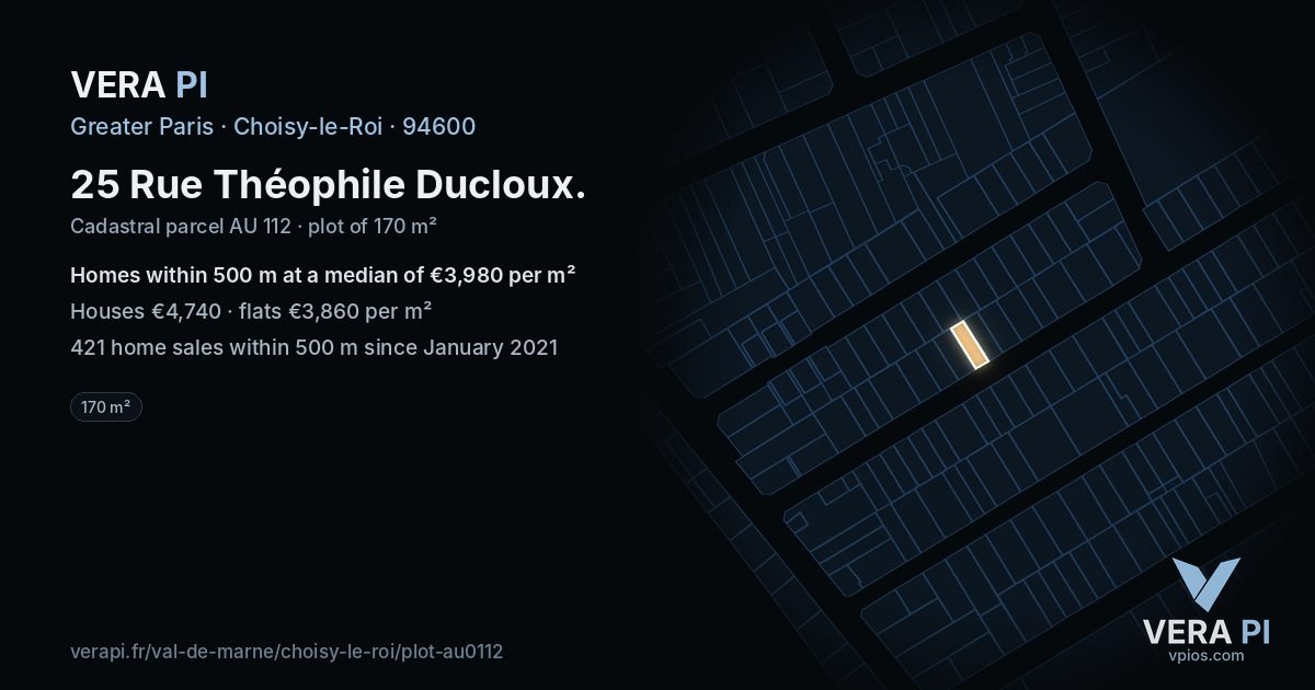 25 Rue Théophile Ducloux, Choisy-le-Roi at night – the plot lit, the parcels around coloured by the prices near them