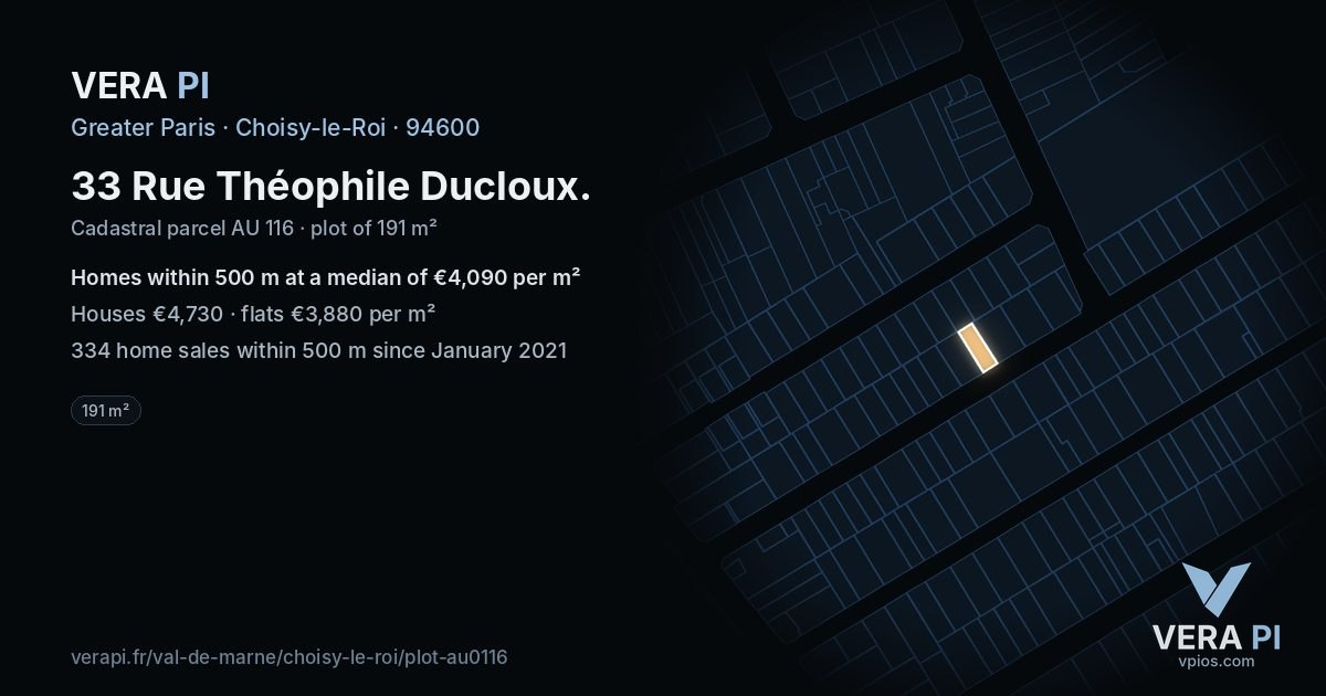 33 Rue Théophile Ducloux, Choisy-le-Roi at night – the plot lit, the parcels around coloured by the prices near them