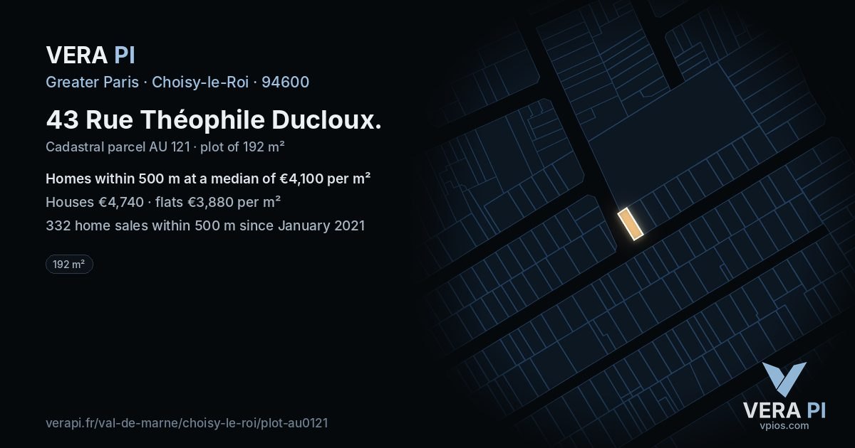 43 Rue Théophile Ducloux, Choisy-le-Roi at night – the plot lit, the parcels around coloured by the prices near them