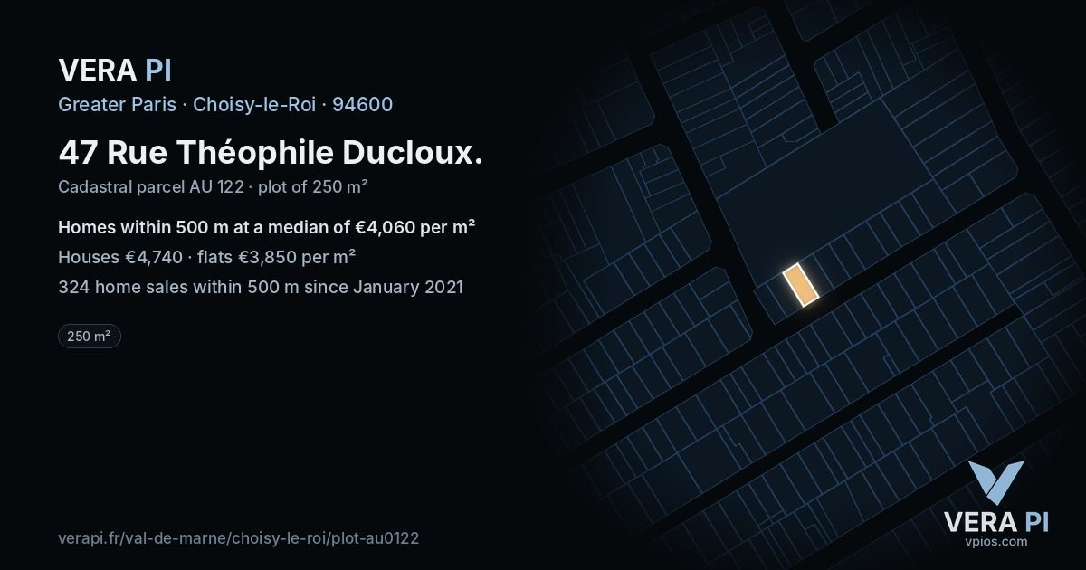 47 Rue Théophile Ducloux, Choisy-le-Roi at night – the plot lit, the parcels around coloured by the prices near them