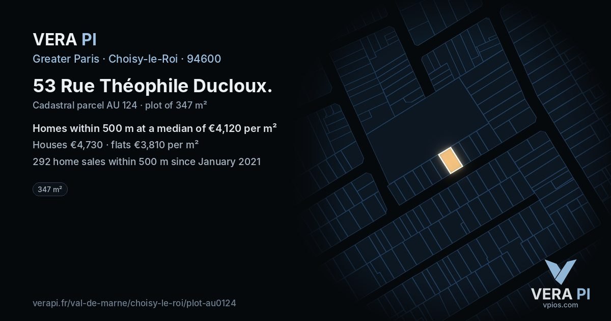 53 Rue Théophile Ducloux, Choisy-le-Roi at night – the plot lit, the parcels around coloured by the prices near them