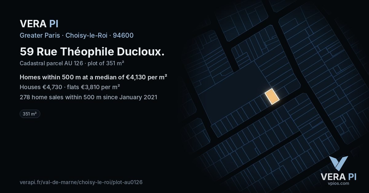 59 Rue Théophile Ducloux, Choisy-le-Roi at night – the plot lit, the parcels around coloured by the prices near them