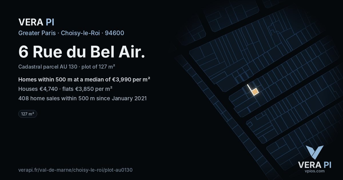 6 Rue du Bel Air, Choisy-le-Roi at night – the plot lit, the parcels around coloured by the prices near them