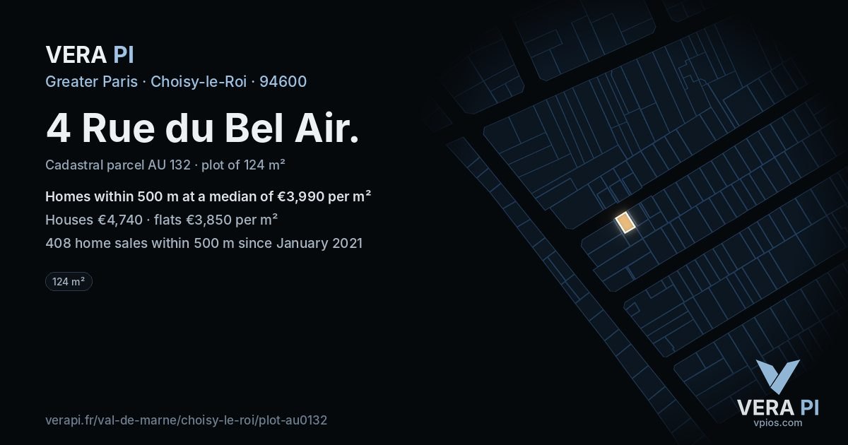 4 Rue du Bel Air, Choisy-le-Roi at night – the plot lit, the parcels around coloured by the prices near them