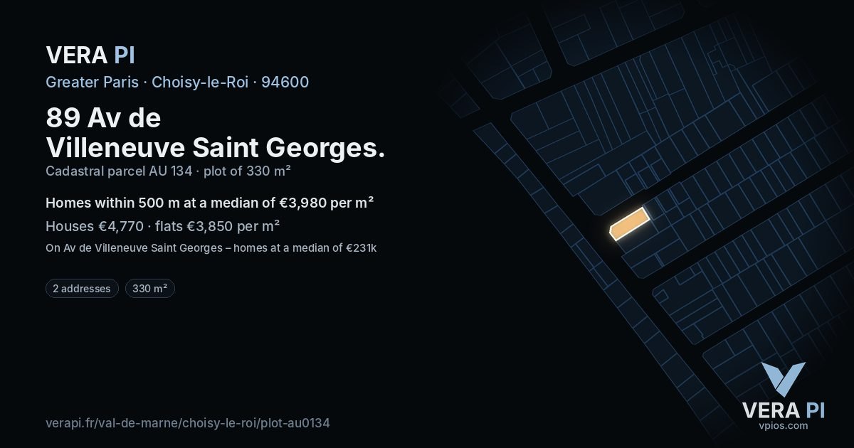 89 Av de Villeneuve Saint Georges, Choisy-le-Roi at night – the plot lit, the parcels around coloured by the prices near them