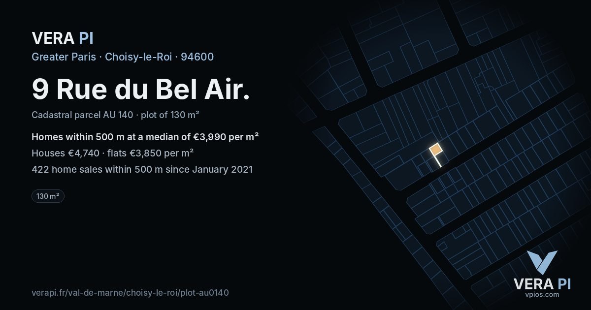 9 Rue du Bel Air, Choisy-le-Roi at night – the plot lit, the parcels around coloured by the prices near them