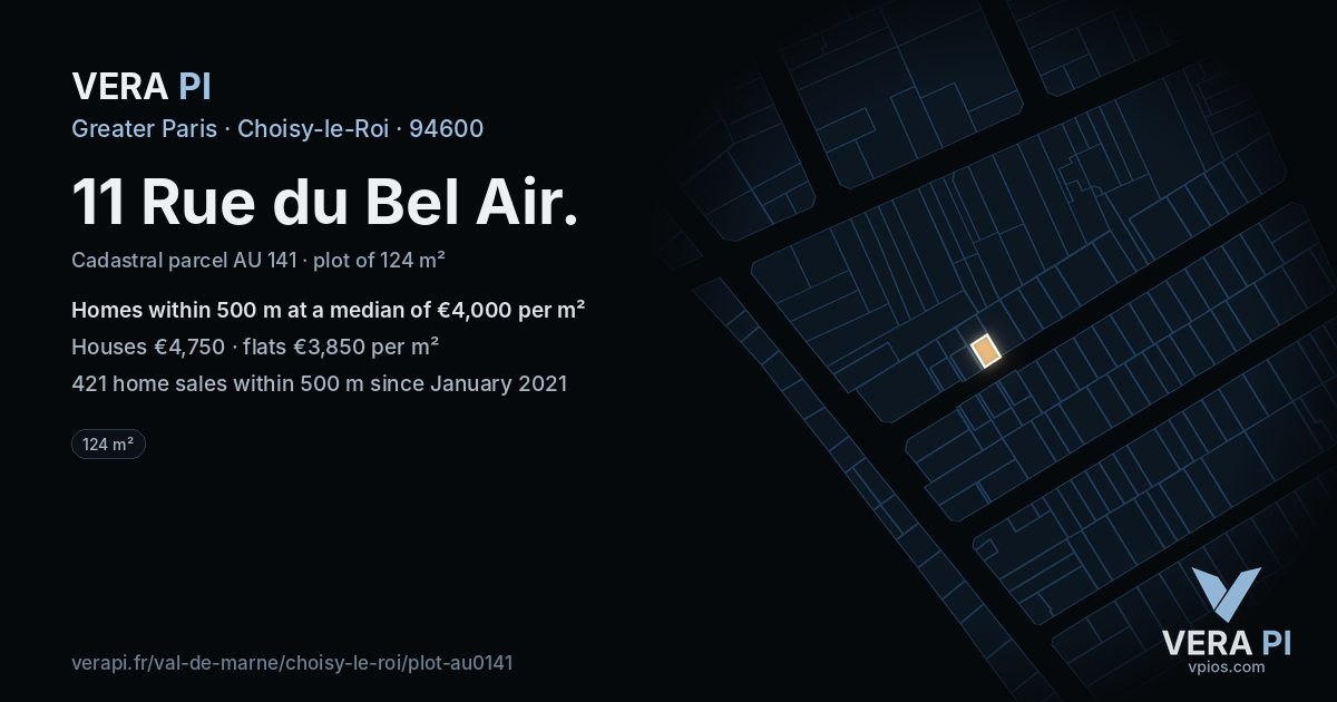11 Rue du Bel Air, Choisy-le-Roi at night – the plot lit, the parcels around coloured by the prices near them