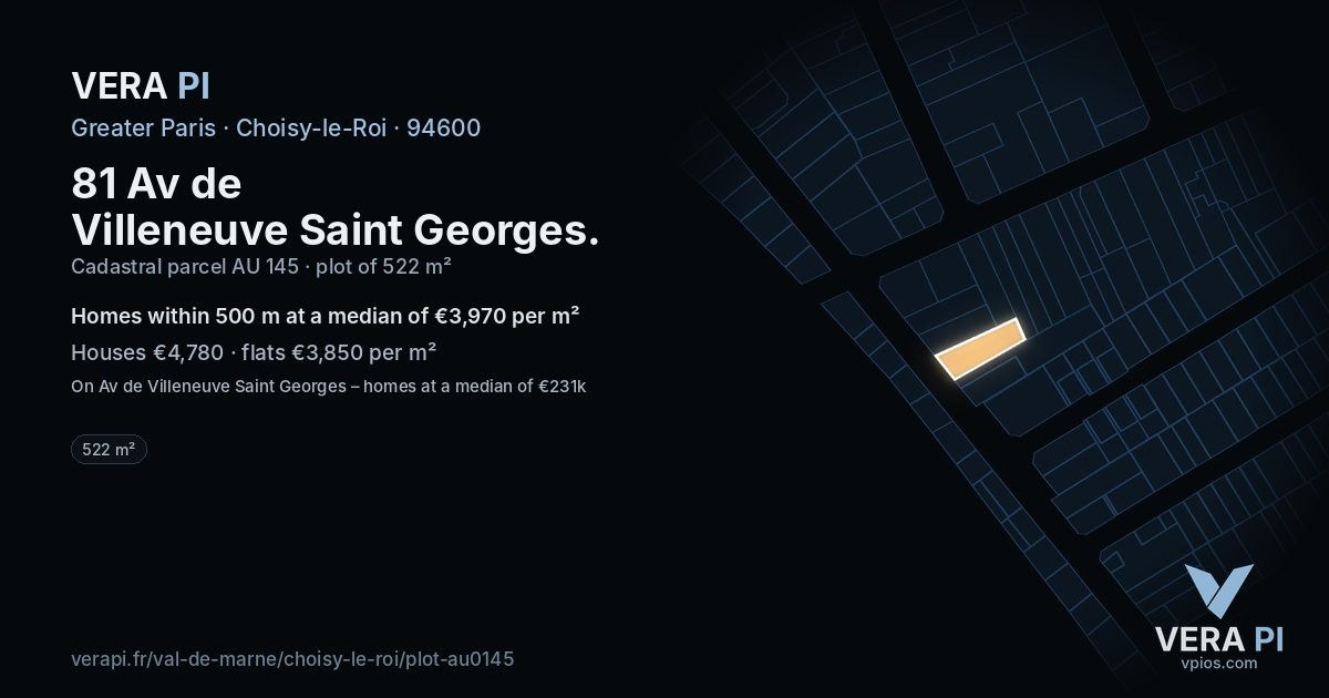 81 Av de Villeneuve Saint Georges, Choisy-le-Roi at night – the plot lit, the parcels around coloured by the prices near them
