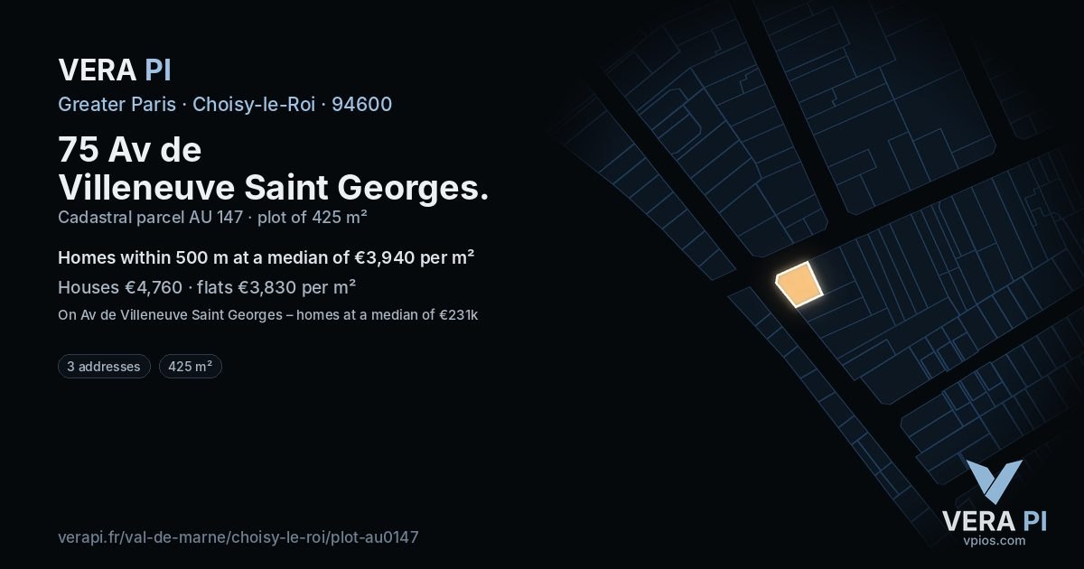 75 Av de Villeneuve Saint Georges, Choisy-le-Roi at night – the plot lit, the parcels around coloured by the prices near them