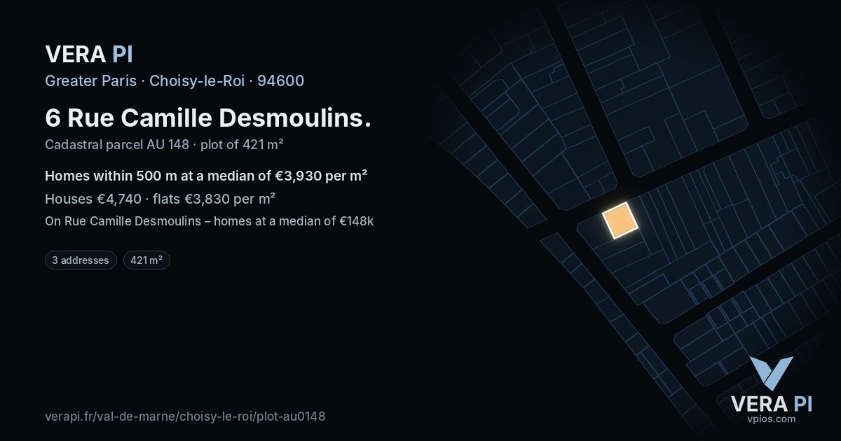 6 Rue Camille Desmoulins, Choisy-le-Roi at night – the plot lit, the parcels around coloured by the prices near them