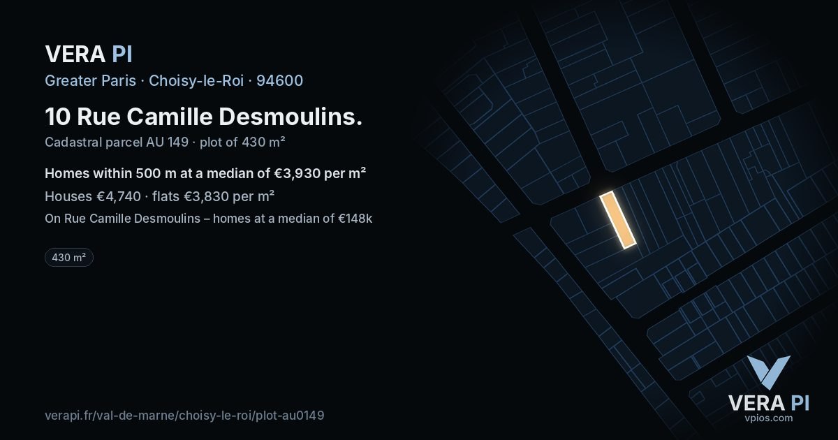 10 Rue Camille Desmoulins, Choisy-le-Roi at night – the plot lit, the parcels around coloured by the prices near them