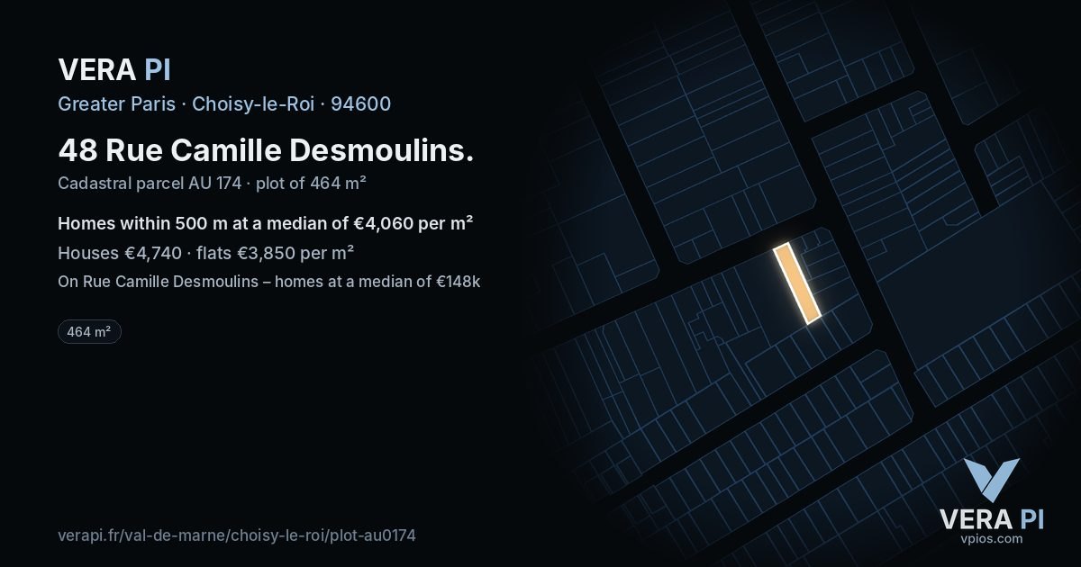 48 Rue Camille Desmoulins, Choisy-le-Roi at night – the plot lit, the parcels around coloured by the prices near them