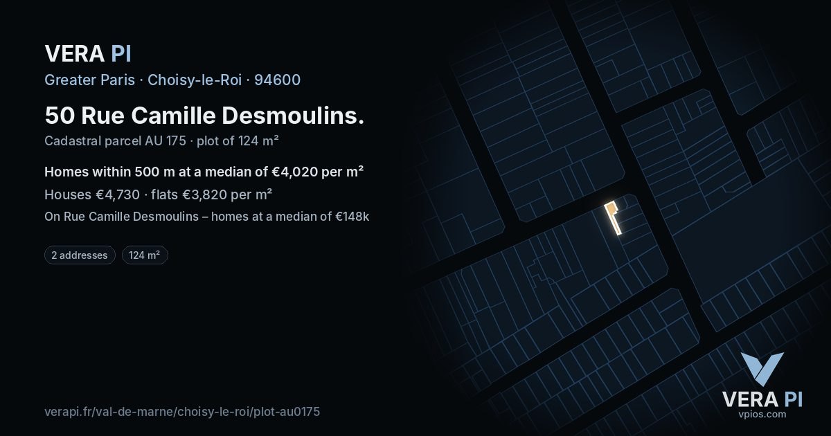 50 Rue Camille Desmoulins, Choisy-le-Roi at night – the plot lit, the parcels around coloured by the prices near them