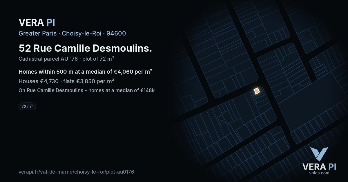 52 Rue Camille Desmoulins, Choisy-le-Roi at night – the plot lit, the parcels around coloured by the prices near them
