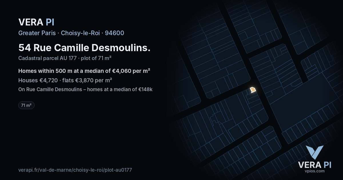 54 Rue Camille Desmoulins, Choisy-le-Roi at night – the plot lit, the parcels around coloured by the prices near them