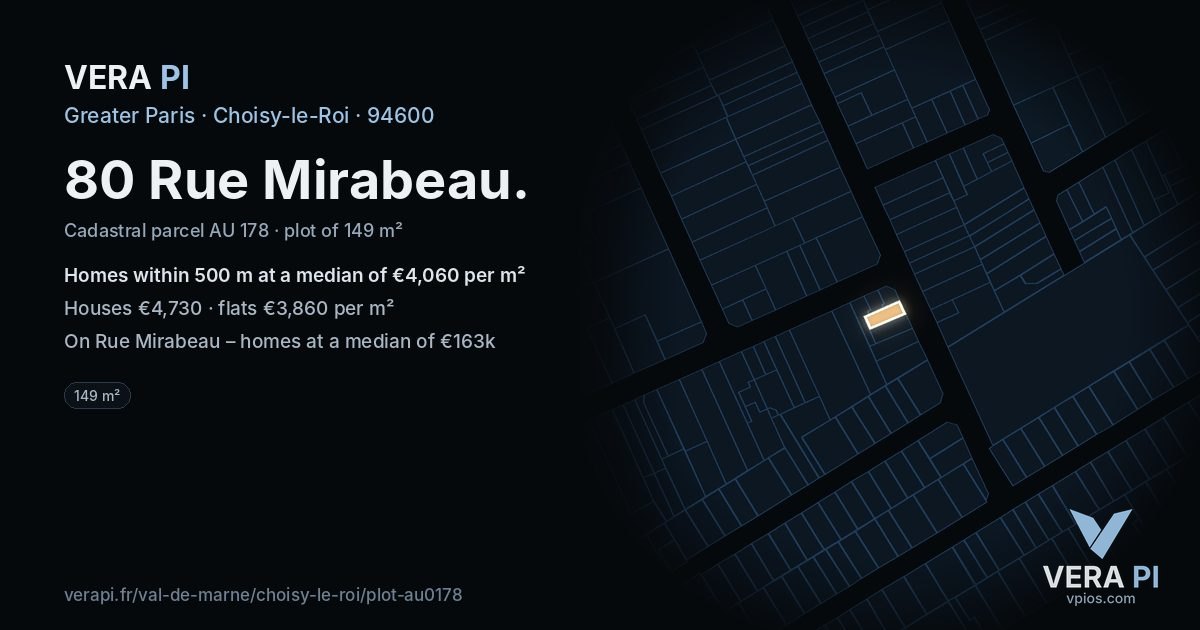80 Rue Mirabeau, Choisy-le-Roi at night – the plot lit, the parcels around coloured by the prices near them