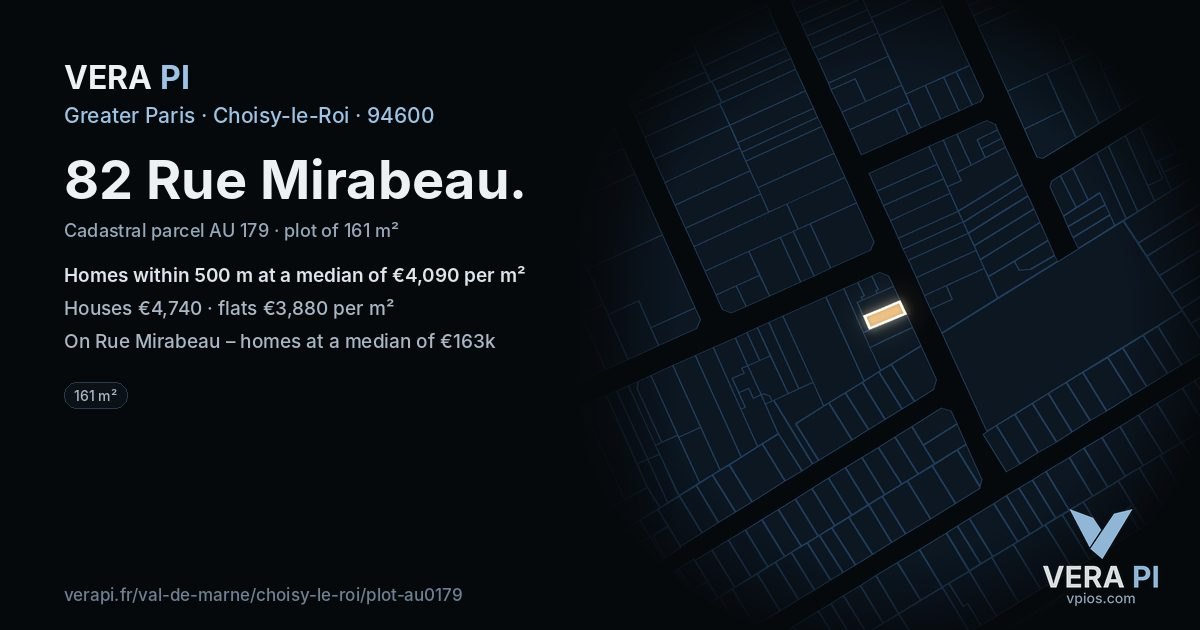 82 Rue Mirabeau, Choisy-le-Roi at night – the plot lit, the parcels around coloured by the prices near them