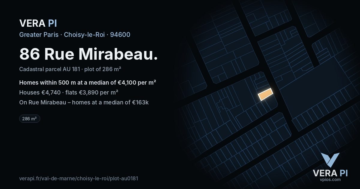 86 Rue Mirabeau, Choisy-le-Roi at night – the plot lit, the parcels around coloured by the prices near them