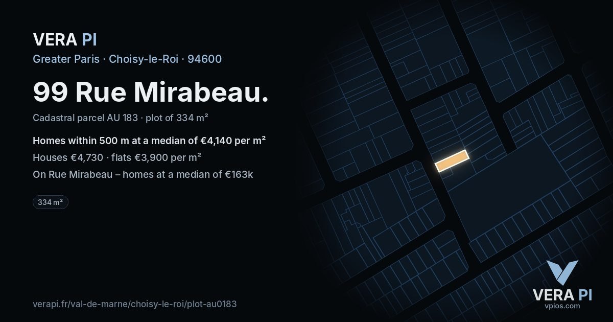 99 Rue Mirabeau, Choisy-le-Roi at night – the plot lit, the parcels around coloured by the prices near them