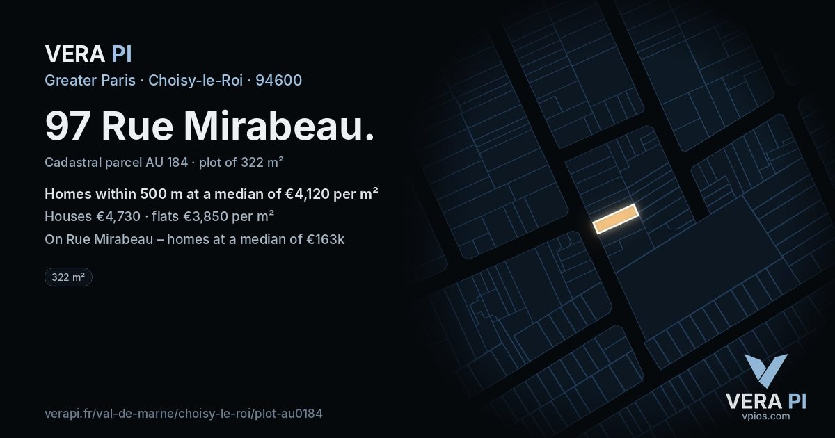 97 Rue Mirabeau, Choisy-le-Roi at night – the plot lit, the parcels around coloured by the prices near them