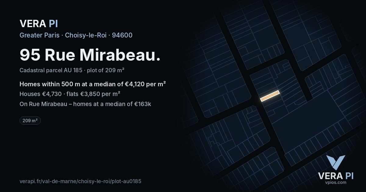 95 Rue Mirabeau, Choisy-le-Roi at night – the plot lit, the parcels around coloured by the prices near them