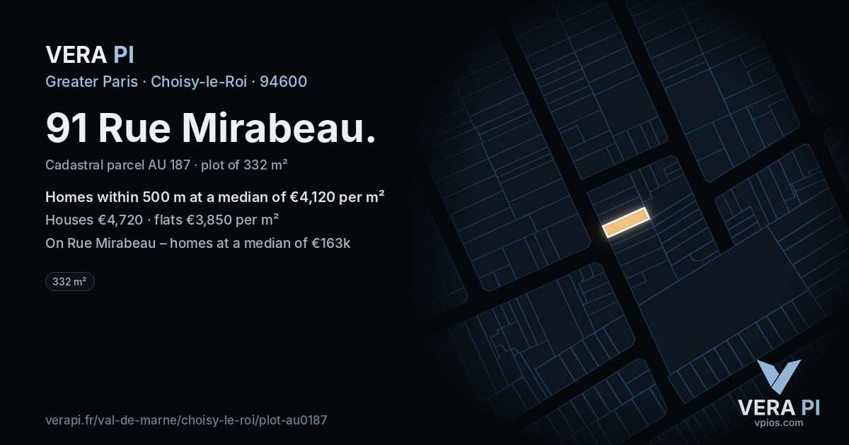 91 Rue Mirabeau, Choisy-le-Roi at night – the plot lit, the parcels around coloured by the prices near them
