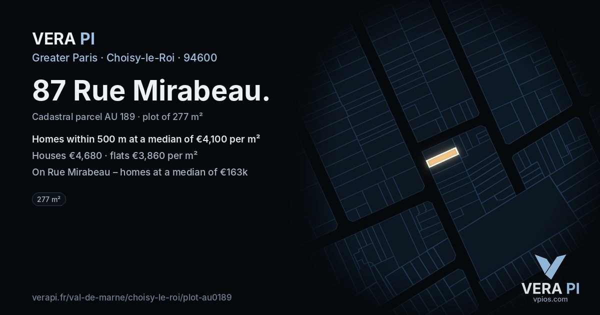 87 Rue Mirabeau, Choisy-le-Roi at night – the plot lit, the parcels around coloured by the prices near them