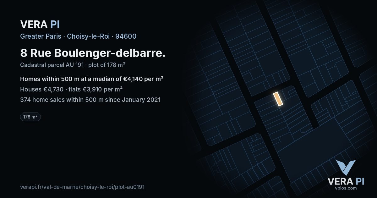 8 Rue Boulenger-delbarre, Choisy-le-Roi at night – the plot lit, the parcels around coloured by the prices near them
