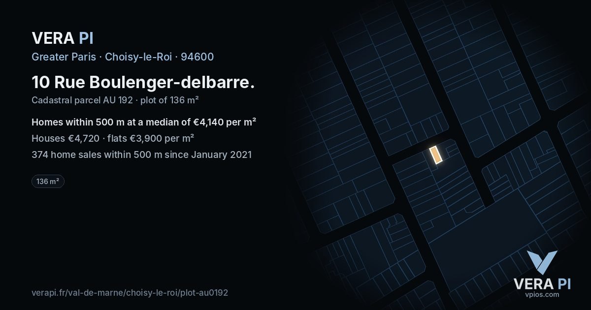 10 Rue Boulenger-delbarre, Choisy-le-Roi at night – the plot lit, the parcels around coloured by the prices near them