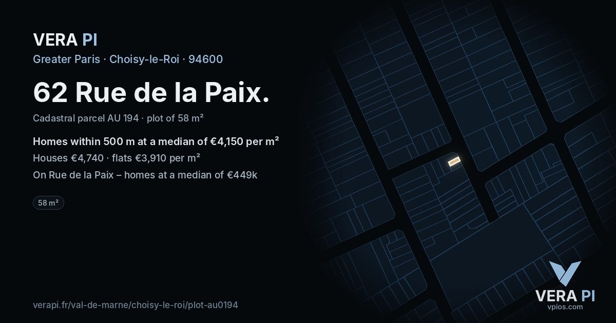 62 Rue de la Paix, Choisy-le-Roi at night – the plot lit, the parcels around coloured by the prices near them