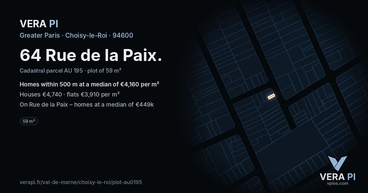64 Rue de la Paix, Choisy-le-Roi at night – the plot lit, the parcels around coloured by the prices near them