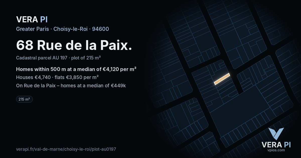 68 Rue de la Paix, Choisy-le-Roi at night – the plot lit, the parcels around coloured by the prices near them