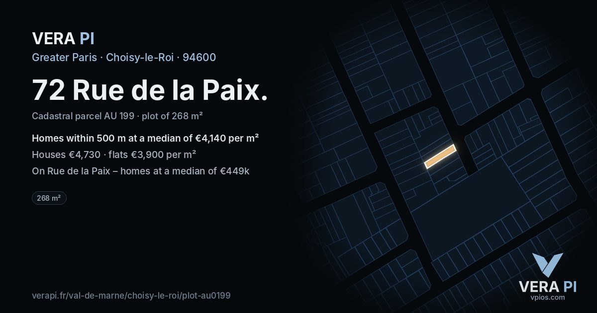72 Rue de la Paix, Choisy-le-Roi at night – the plot lit, the parcels around coloured by the prices near them