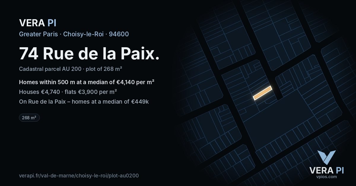 74 Rue de la Paix, Choisy-le-Roi at night – the plot lit, the parcels around coloured by the prices near them